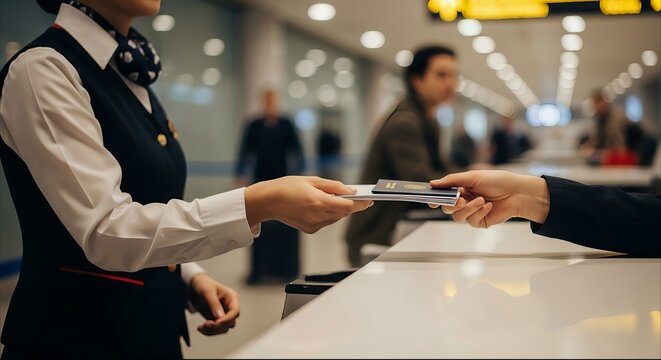 Passenger handing over passport to flight attendant at airport check in