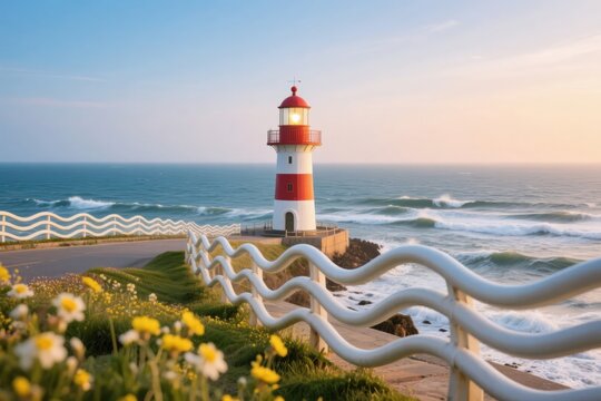 Red and white lighthouse by the ocean with wavy railing and yellow flowers in foreground