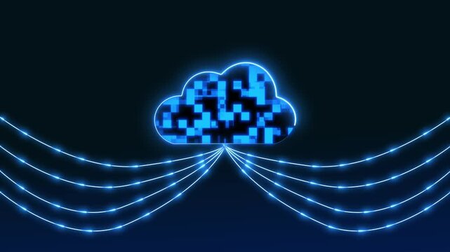 Glowing blue cloud icon with pixelated interior connected by multiple data lines representing cloud computing and network infrastructure