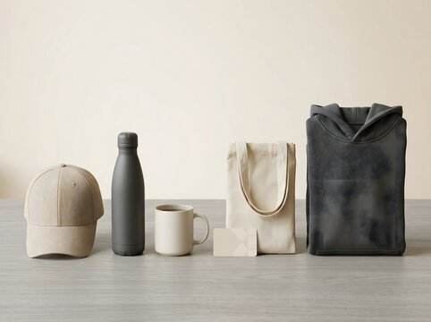 Minimalist arrangement of everyday essentials cap bottle mug tote and hoodie