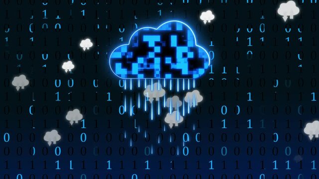 Glowing blue cloud icon symbolizing digital data distribution and information download in a binary environment backdrop