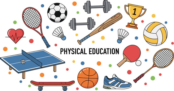 Physical Education Equipment Including Balls, Rackets, Weights, Shoes, and Sports Gear for Active Lifestyle"
