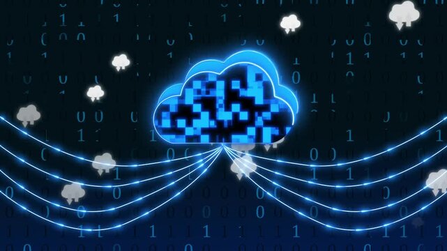Digital cloud computing network illustration with glowing blue data streams connecting to a central server and binary background