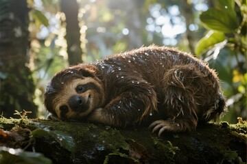 Fototapeta premium A sloth resting on a moss-covered log in a lush forest, with sunlight filtering through the trees.