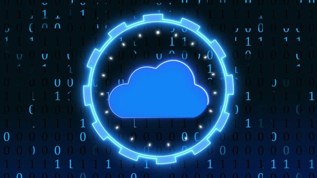 Cloud computing concept with glowing neon ring and binary code on a dark digital background