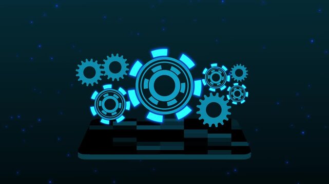 Digital gears on a dark background with glowing blue particles and a sleek platform