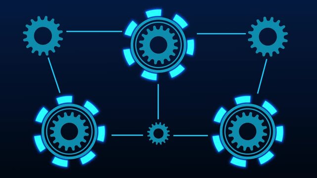 Interconnected blue digital gears forming a network on a dark blue background