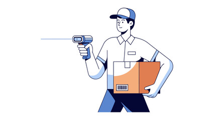 Courier Scanning Package: A diligent courier, clad in uniform, meticulously scans a parcel with a handheld scanner. A depiction of logistics efficiency and the smooth operation of delivery services. © Karima