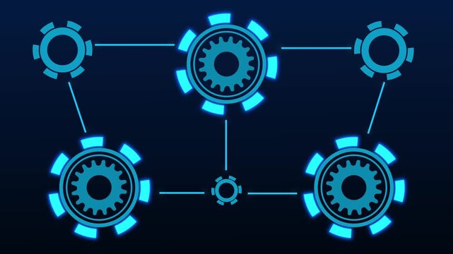 Blue digital schematic of interconnected gears on a dark background with glowing lines