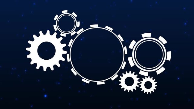 White gear mechanism against a starry dark blue digital background