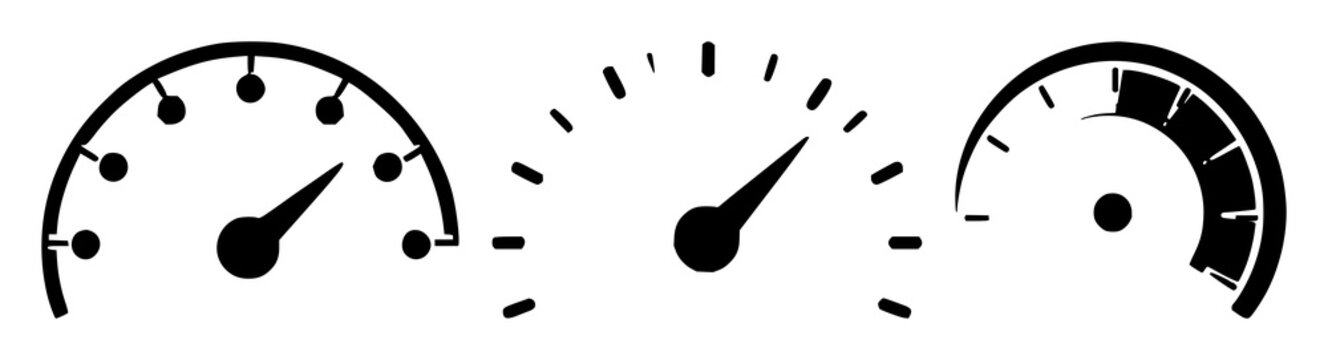 Accelerator speed icon set with solid black silhouette on white background featuring speed, engine, racing with motion and speedometer