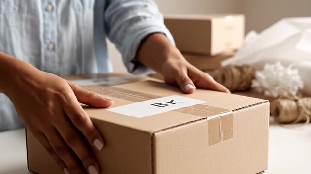 Hands packing a cardboard box for shipping on a table with packing supplies