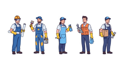 Obraz premium Diverse professionals in their industries : An illustrative group of professionals from various industries are presented, demonstrating their different professions with tools and accessories in hand.