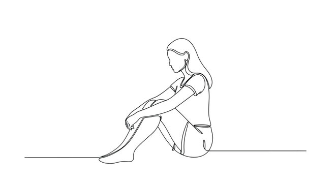 Sad woman sitting alone, looking down, minimalist continuous line art drawing