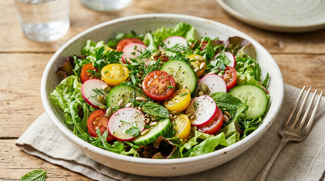 Fresh garden salad in a bowl with vegetables cherry tomatoes side dish home cooking light meal vegetables tomatoes cucumbers radishes ingredients appetizer nutrition vegetarian dressing