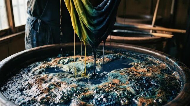 A macro view of a traditional Japanese indigo vat surface showing the fermentation flower, the thick frothy blue-green oxidation layer floating on the surface of the reduction vat