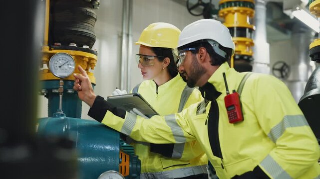 Engineers Analyze HVAC System Performance Data. Two engineers analyze performance data from compressors and ventilation systems, preparing reports for management review.