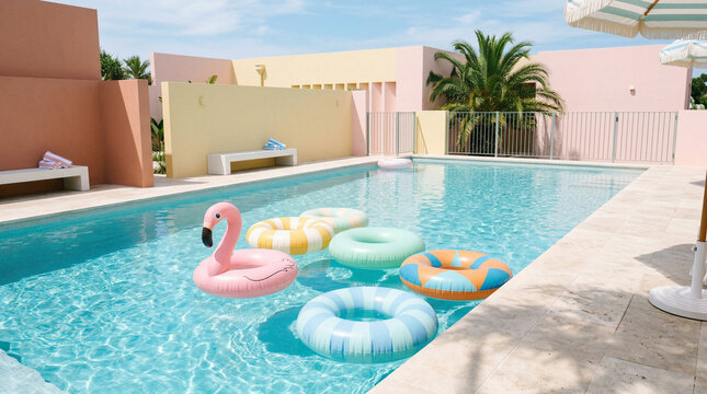 Swimming pool with colorful inflatable rings and flamingo float on a sunny day pool party blue water vacation vibes leisure time summer fun resort life vacation mode clear sky inflatable