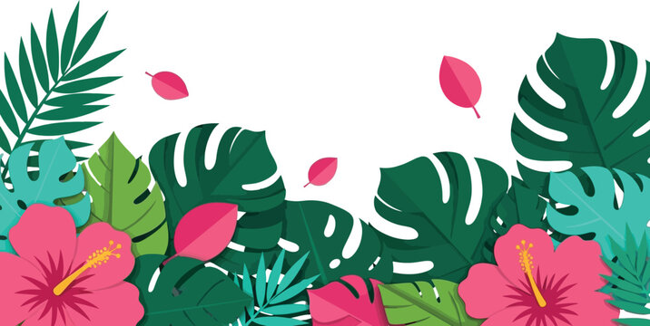 Vibrant tropical foliage and hibiscus flowers a colorful flat design illustration for summer vacation and nature themes isolated on white