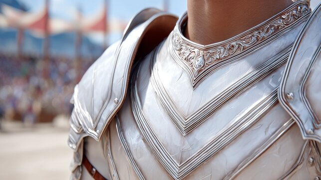 Close-up of polished silver knight armor with intricate filigree engravings. Detailed breastplate and pauldrons shown against a blurred arena background. High-fantasy cinematic detail.