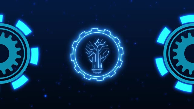 Central glowing blue gear with circuit pattern flanked by luminous blue gears on a starry dark background
