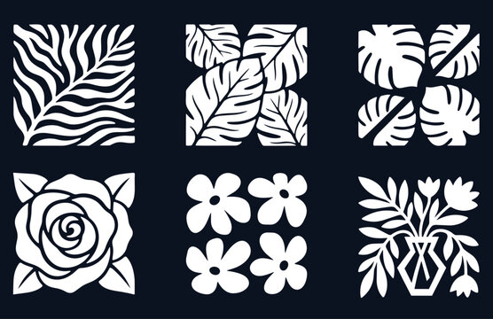 Set of white floral and botanical leaf stencil silhouette square icons