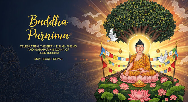 Buddha purnima celebration background with lord buddha meditating under bodhi tree, prayer flags, lotus flowers, and doves, vector illustration