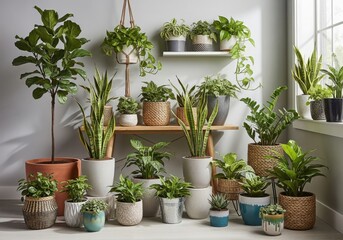 Fototapeta premium A collection of potted plants on shelves and a table