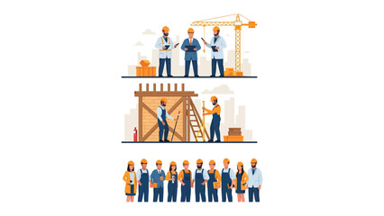 Obraz premium Construction Crew Illustration: A collection of illustrations showcasing construction workers at various stages of their tasks, from planning to execution, highlighting teamwork, expertise.
