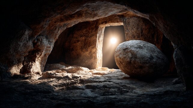 Ancient Tomb Entrance with Shining Light Illuminating Stone Interior in Mysterious Cave