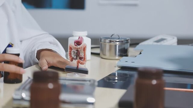 woman doctor showing patient stage 4 liver: normal, fibrotic, cirrhotic, cancerous. Concept your liver means your health and your life.