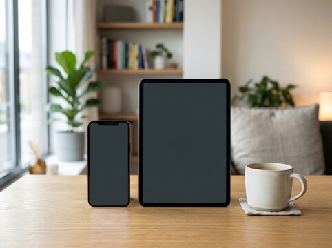 Modern devices and a warm beverage on a wooden surface