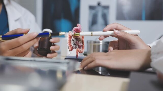 woman doctor showing patient stage 4 liver: normal, fibrotic, cirrhotic, cancerous. Concept your liver means your health and your life.