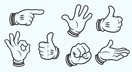 Fototapeta premium Fun cartoon hand gestures vector set showing pointing, OK sign, thumbs up, and waving, on a light blue background in a bright studio.
