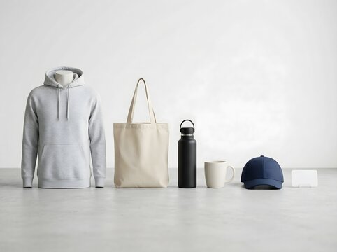 Minimalist arrangement of everyday clothing and lifestyle accessories on white