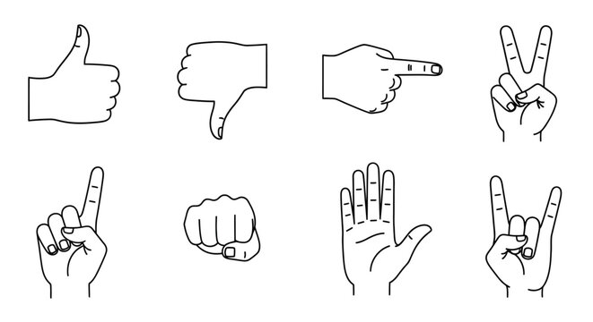 Comprehensive collection of black and white line art hand gestures including thumbs up, thumbs down, pointing, peace, fist, and rock on, in bright studio.