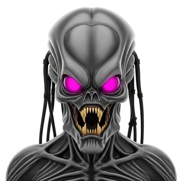 Menacing Alien Predator with Glowing Pink Eyes and Jagged Teeth, Sci-Fi Horror Portrait.