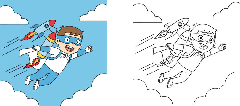 Happy Superhero Boy Flying with Jetpack in the Sky Illustration with Line Art Version for Coloring Book, Child Playing and Imagining Adventure in the Clouds Vector Background