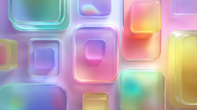Abstract background with layered frosted glass squares in vibrant pastel gradients