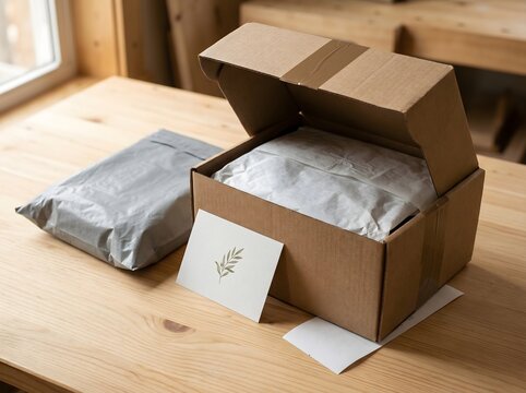 Opened cardboard box with packaged items and a thank you card