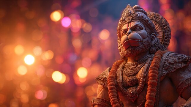 Majestic Hanuman Statue Glowing with Divine Light Amidst Colorful Backgrounds of Celebration