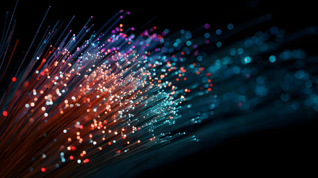 Fiber optic cables with glowing colorful light particles for high speed internet connection