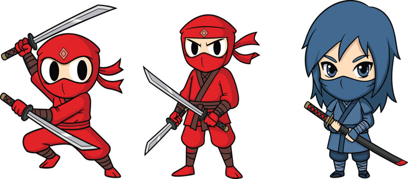Cartoon Ninja Characters in Red and Blue Outfits, Posing with Swords in Action Stances for Fun and Dynamic Illustrations