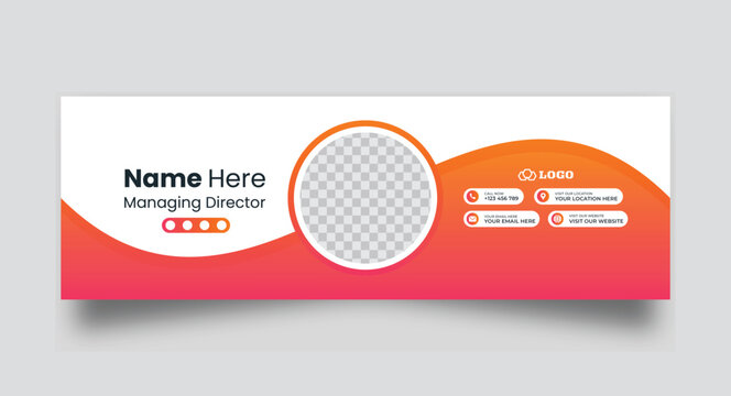 Vibrant gradient email signature design with profile photo placeholder name title business logo and contact details icons for marketing.