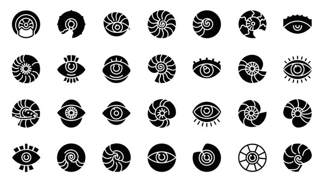 Black eye icons, spiral symbols, evil eye signs, 25 black and white vector graphics