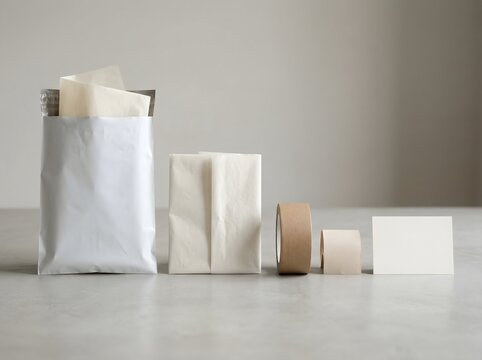 Stationery items arranged on a light gray surface still life