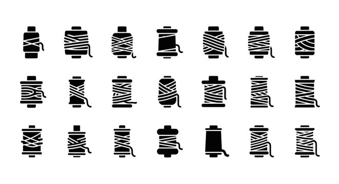 Black and white spool of thread icons, 20 thread spool graphics, sewing thread vector set, embroidery floss illustrations