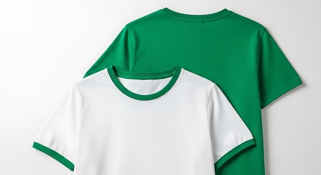Two athletic shirts, one white with green trim, the other solid green, angled against a white backdrop