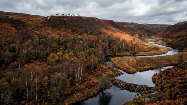 A rewilded Scottish glen in late autumn shows a river restored to its natural meandering course through a landscape where pioneer birch and rowan scrub has established