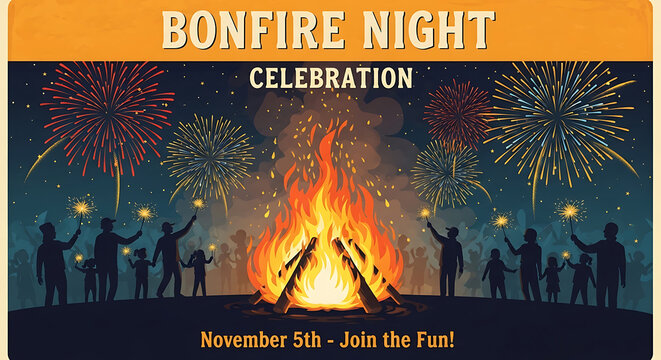 Bonfire night celebration poster with a large campfire, people holding sparklers, and colorful fireworks in the night sky, november 5th event invitation